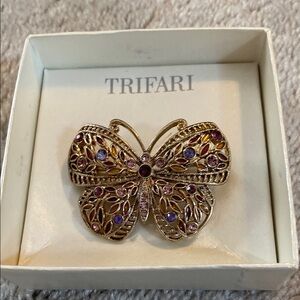Trifari Gold Butterfly Brooch with Purple and Pink Gems